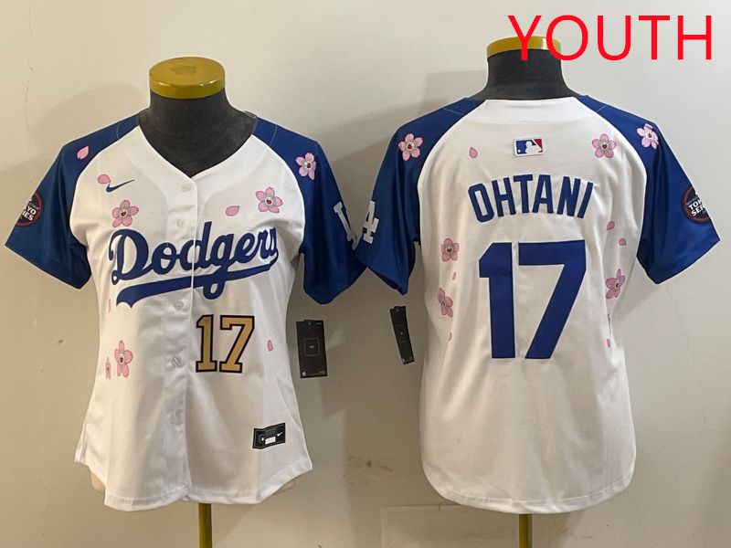 Youth Los Angeles Dodgers #17 Ohtani White Blue Sakura Edition 2025 Nike MLB Jersey style 6->youth mlb jersey->Youth Jersey